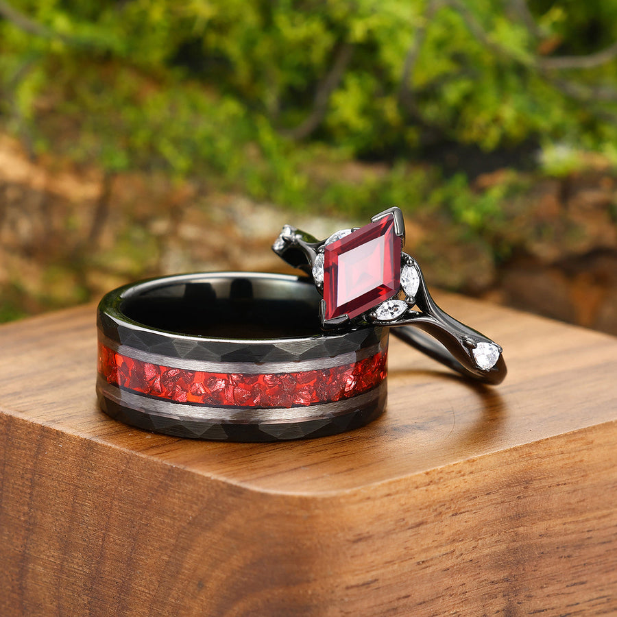 Stylish Red Garnet Accents Engagement Rings For Couples Unique Red Hammered Tungsten Wedding Band -  Esdomera.com