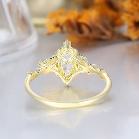 Noble Leaf-Cradled Marquise Moissanite Ring For Her Handmade 14K Gold Moissanite Bridal Ring