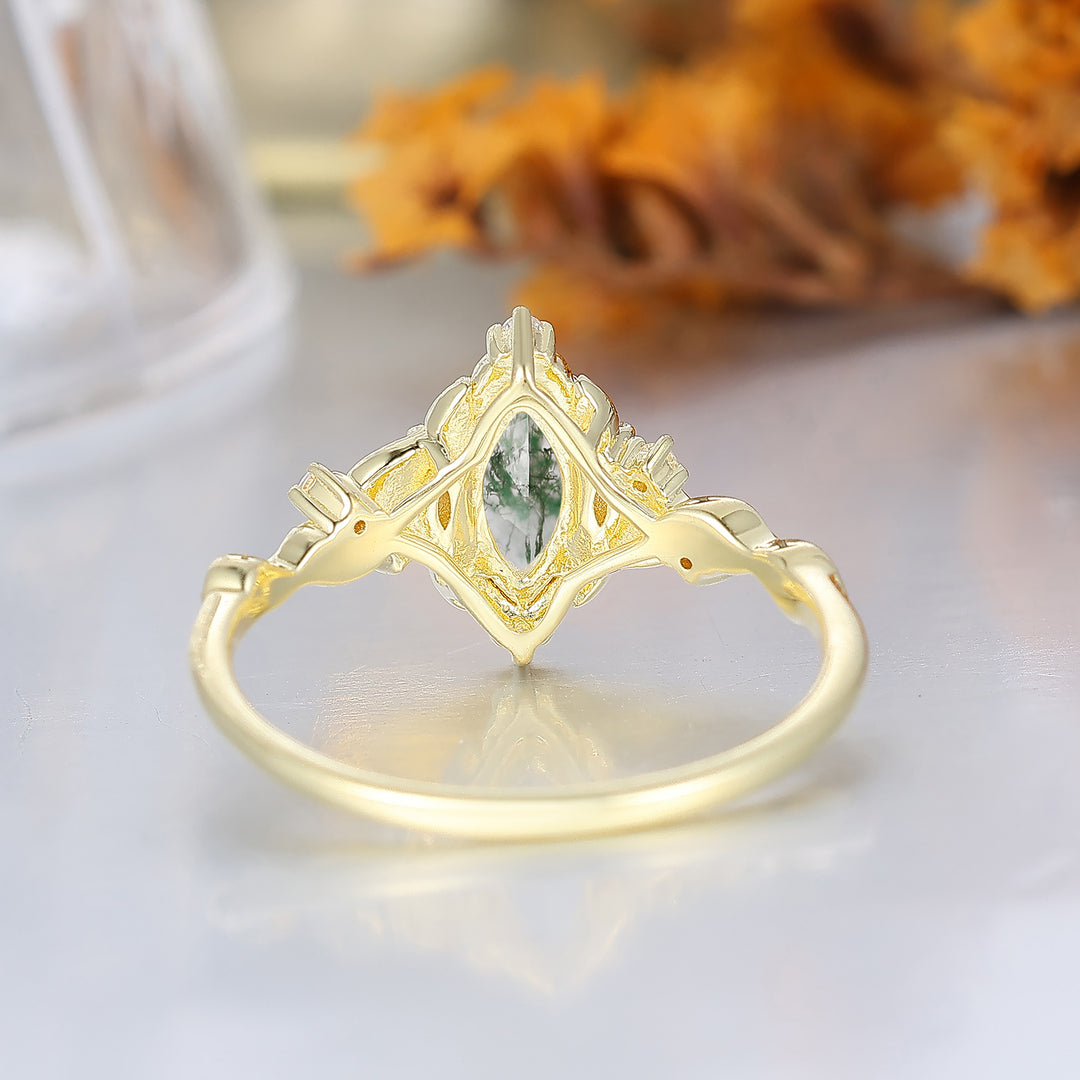 Bague de mariée marquise en agate mousse feuillage victorien, bague de fiançailles Agate Forêt Enchantée pour femme