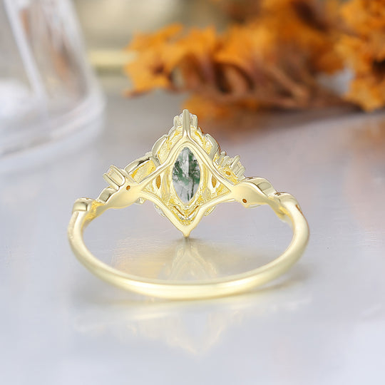 Bague de mariée marquise en agate mousse feuillage victorien, bague de fiançailles Agate Forêt Enchantée pour femme
