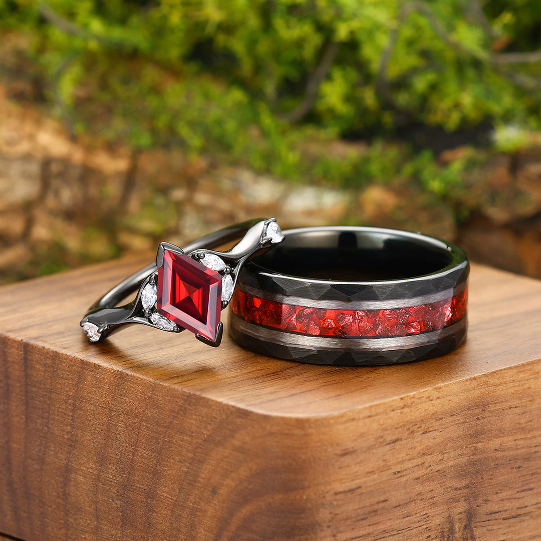 Stylish Red Garnet Accents Engagement Rings For Couples Unique Red