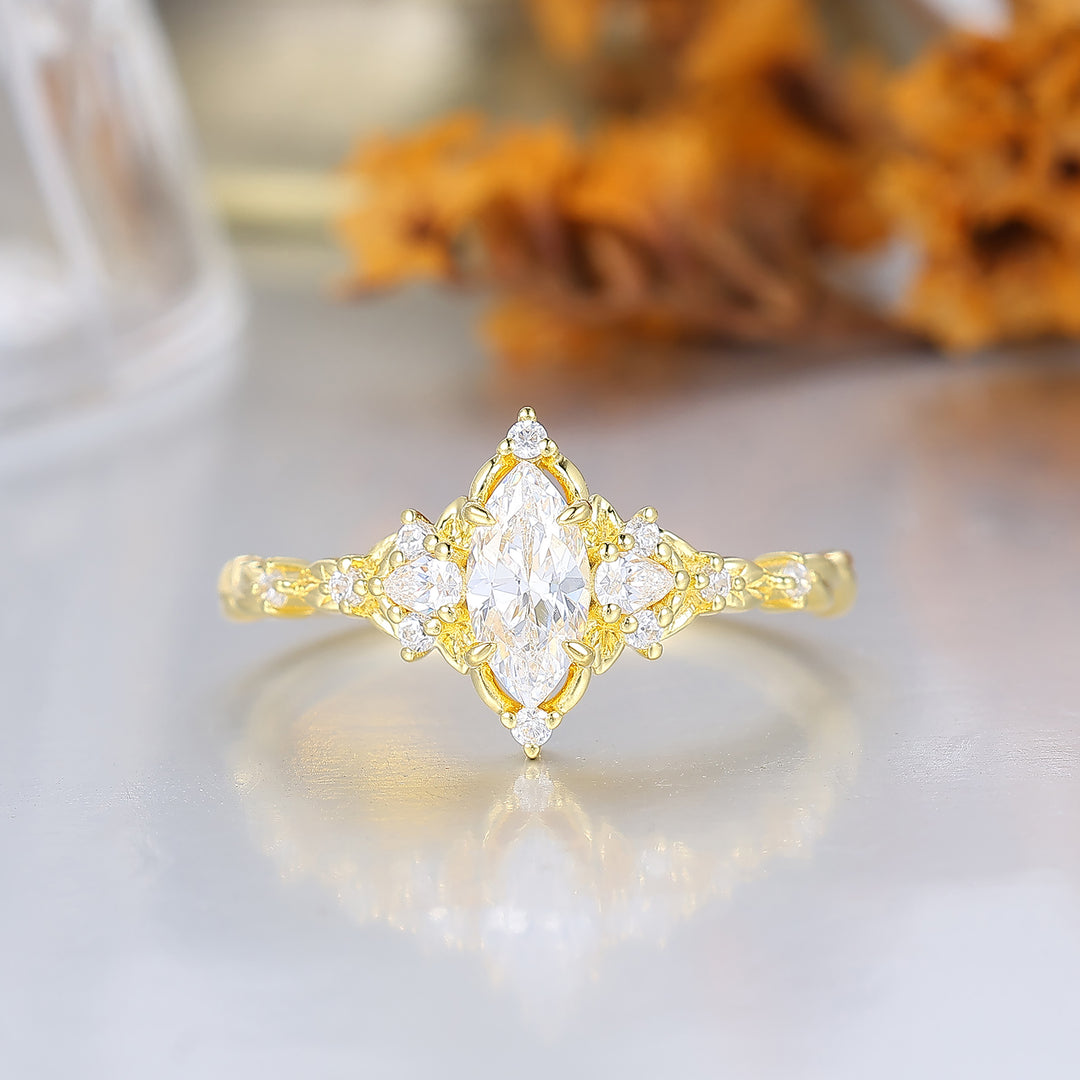 Romantic Marquise Moissanite Engraved Floral Wedding Ring 14K Gold Blooming Bridal Ring