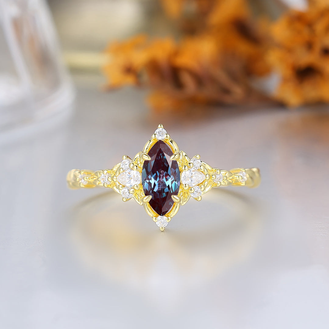 Victorian Halo Marquise Alexandrite Wedding Ring Leaf Rope Alexandrite Bridal Anniversary Ring