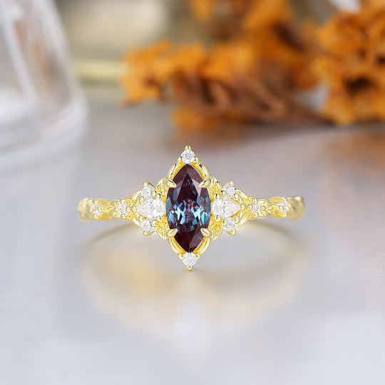 Victorian Halo Marquise Alexandrite Wedding Ring Leaf Rope Alexandrite Bridal Anniversary Ring