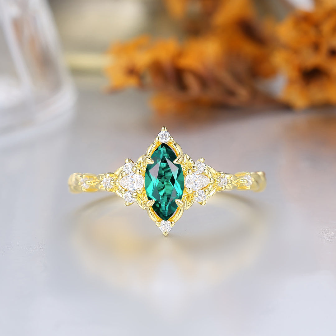 Anillo de compromiso con corte marquesa y esmeralda, halo de hojas, anillo de aniversario de boda para mujer