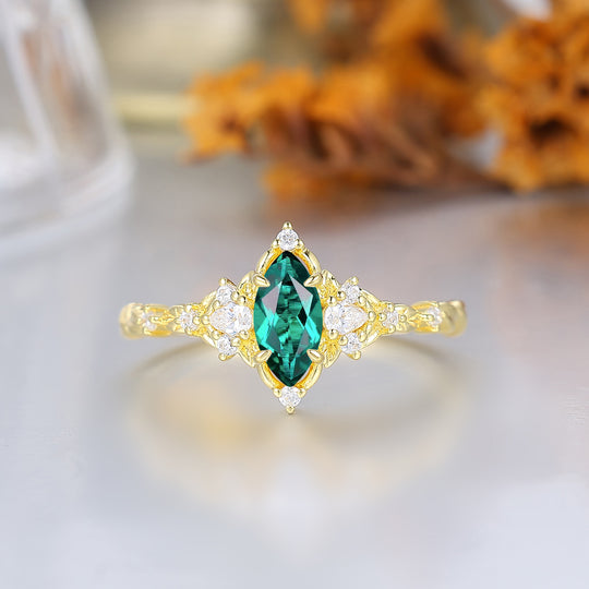 Anillo de compromiso con corte marquesa y esmeralda, halo de hojas, anillo de aniversario de boda para mujer