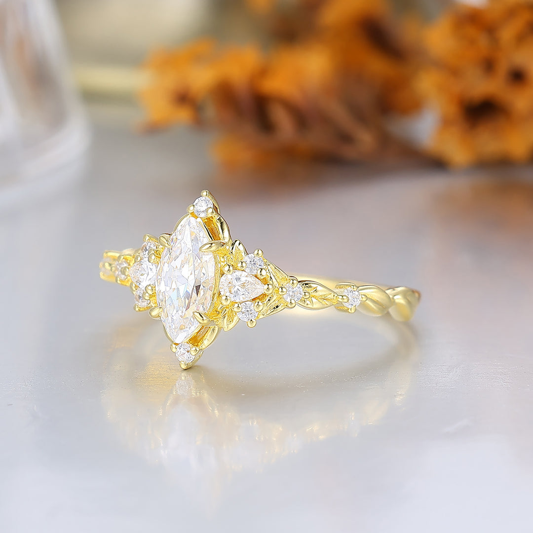 Romantic Marquise Moissanite Engraved Floral Wedding Ring 14K Gold Blooming Bridal Ring