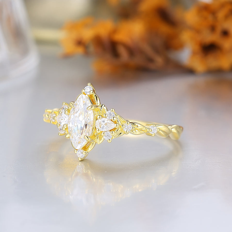 Romantic Marquise Moissanite Engraved Floral Wedding Ring 14K Gold Blooming Bridal Ring