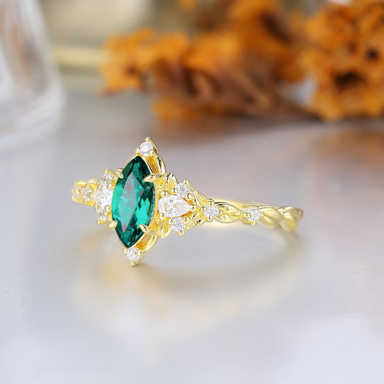 Anillo de compromiso con corte marquesa y esmeralda, halo de hojas, anillo de aniversario de boda para mujer
