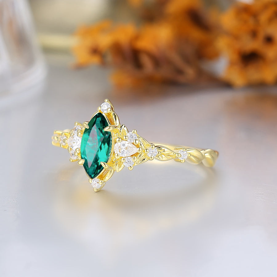 Noble Marquise Cut Emerald Engagement Ring Leaf Halo Wedding Anniversary Ring For Women