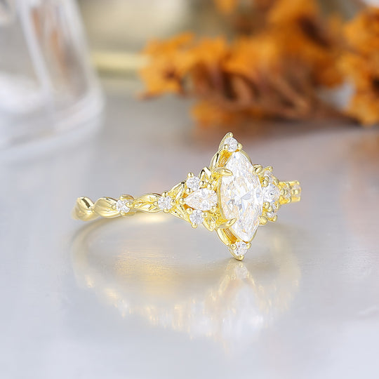 Romantic Marquise Moissanite Engraved Floral Wedding Ring 14K Gold Blooming Bridal Ring