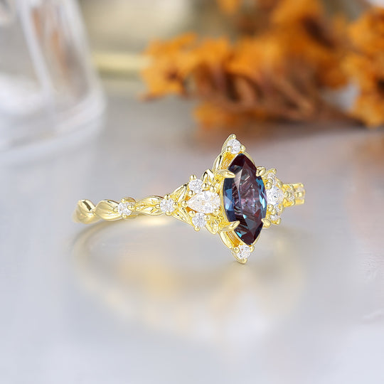 Victorian Halo Marquise Alexandrite Wedding Ring Leaf Rope Alexandrite Bridal Anniversary Ring