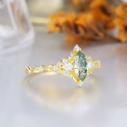Botanische Halo Marquise Mosagaat Trouwring in Victoriaanse Bladstijl Verlovingsring voor Haar