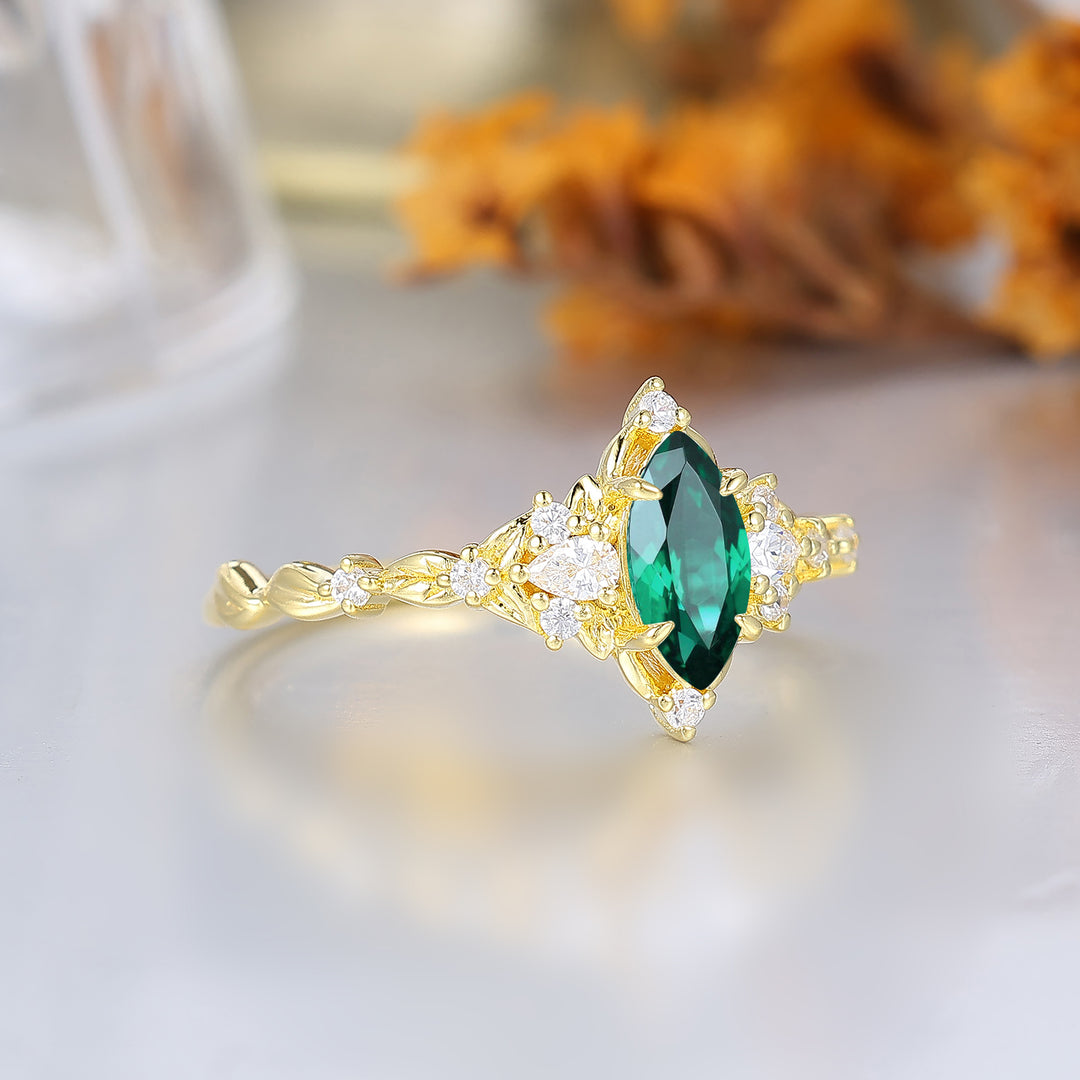 Anillo de compromiso con corte marquesa y esmeralda, halo de hojas, anillo de aniversario de boda para mujer