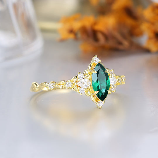Anillo de compromiso con corte marquesa y esmeralda, halo de hojas, anillo de aniversario de boda para mujer