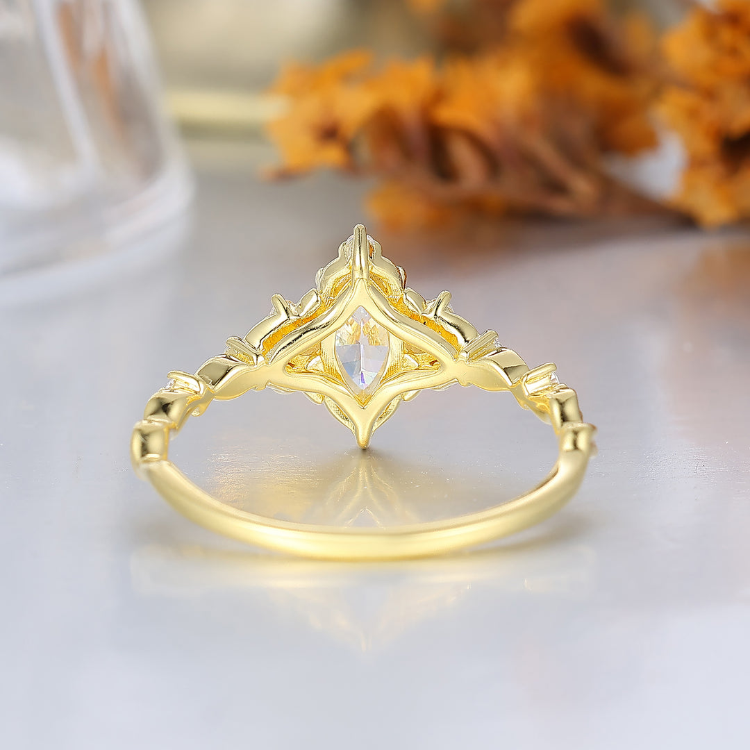 Romantic Marquise Moissanite Engraved Floral Wedding Ring 14K Gold Blooming Bridal Ring