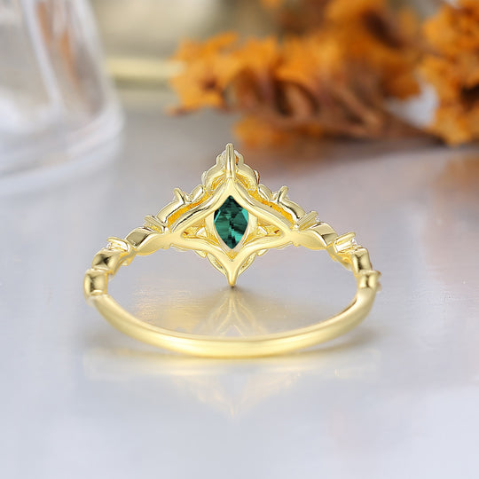 Anillo de compromiso con corte marquesa y esmeralda, halo de hojas, anillo de aniversario de boda para mujer