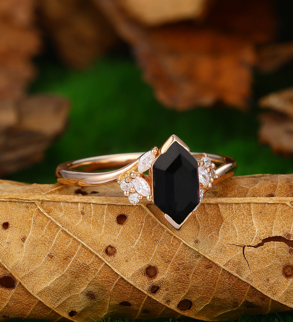 Art Deco Hexagon Cut Natural Black Onyx Engagement Ring Unique Moissanite Cluster Wedding Ring
