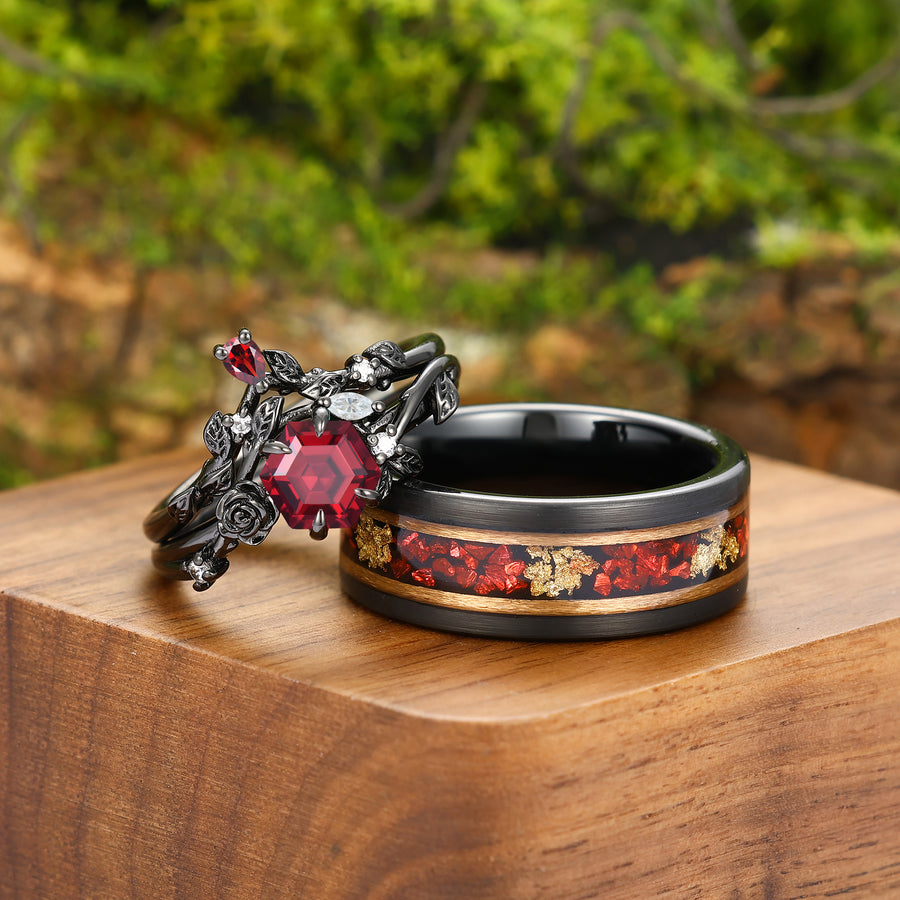 Personalized Red Garnet Rose Leaves Shape Engagement Couple Rings Matching Black Plated Tungsten His And Hers Ring -  Esdomera.com