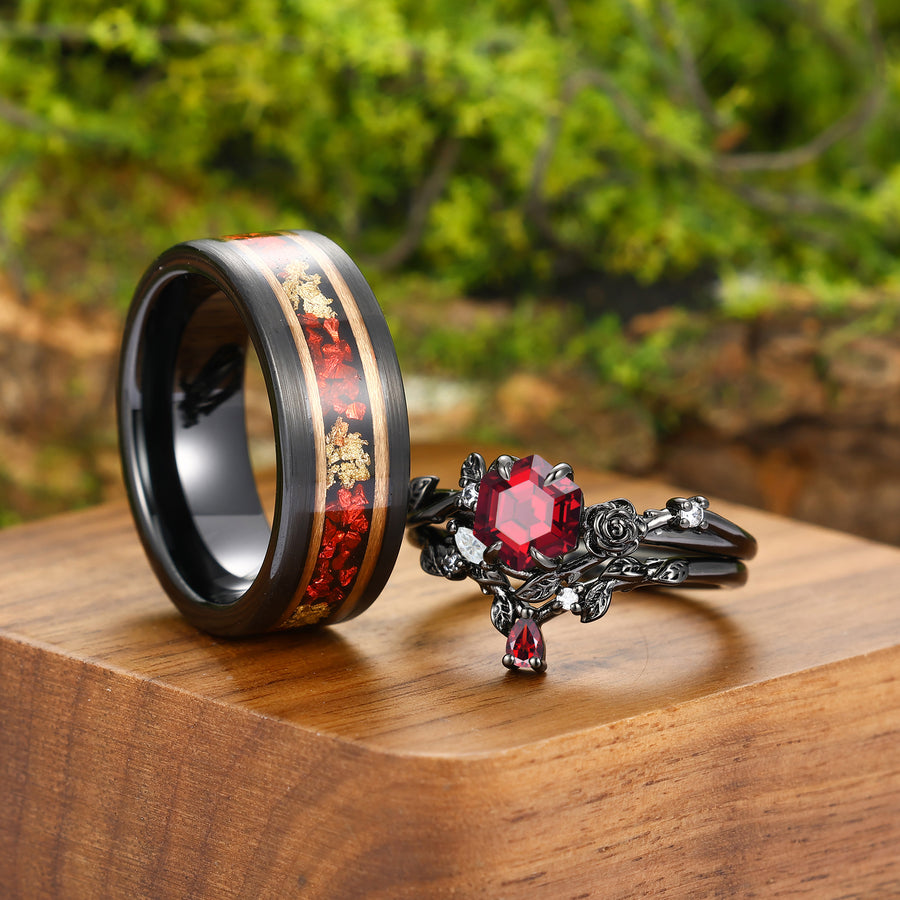 Personalized Red Garnet Rose Leaves Shape Engagement Couple Rings Matching Black Plated Tungsten His And Hers Ring -  Esdomera.com