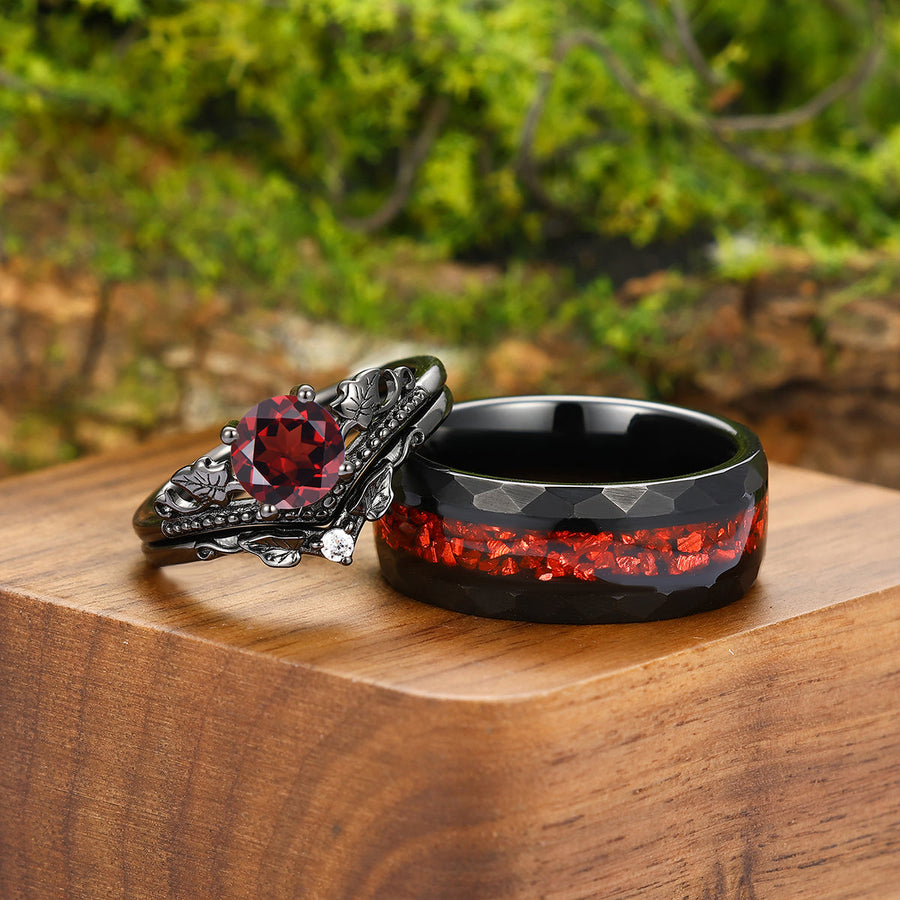 Vintage Red Garnet Maple Leaf Engagement Couple Rings Promise Tungsten Wedding Band Couples' Set -  Esdomera.com