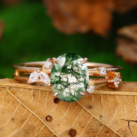 Natural Inspired 14k Gold Oval Shaped  Moss Agate Marquise Leaf Ring