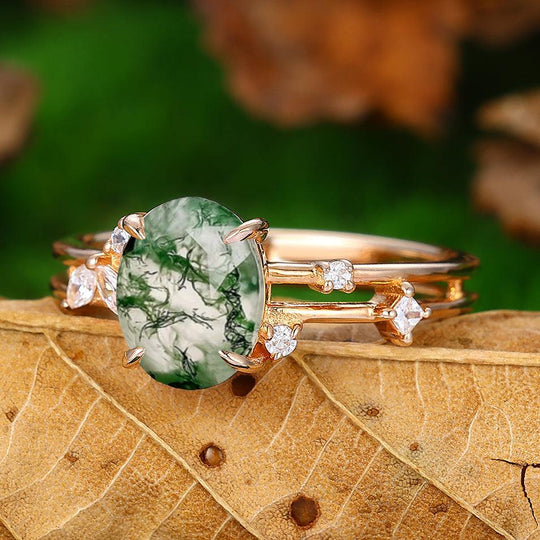 Natural Inspired 14k Gold Oval Shaped  Moss Agate Marquise Leaf Ring