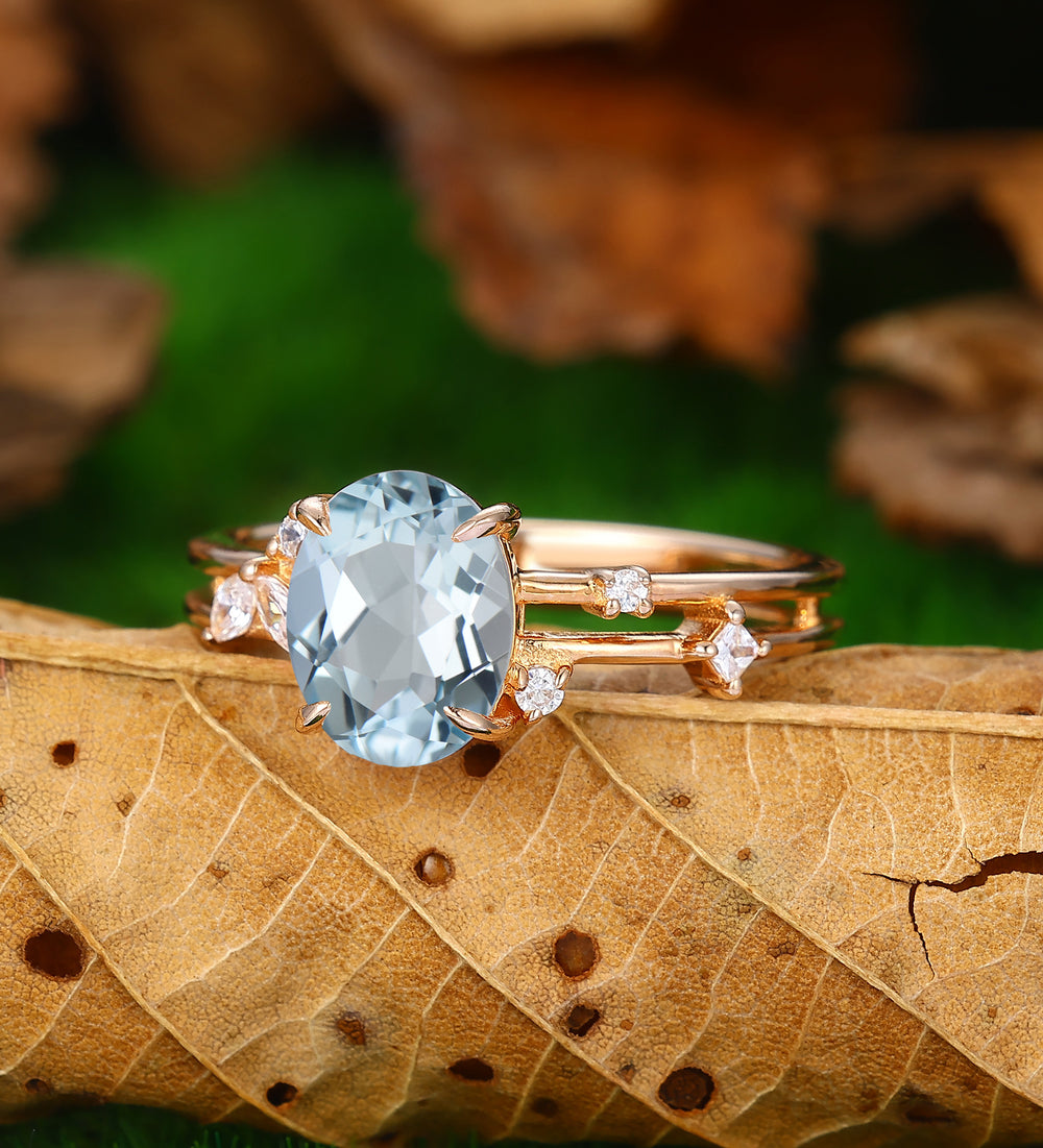 nature inspired natural aqumarine engagement ring art deco enhancer band women jewelry gift