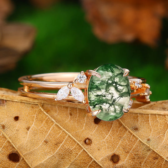 Natural Inspired 14k Gold Oval Shaped  Moss Agate Marquise Leaf Ring