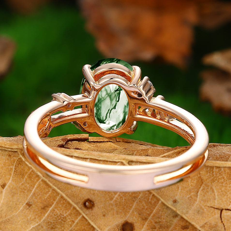 Natural Inspired 14k Gold Oval Shaped  Moss Agate Marquise Leaf Ring