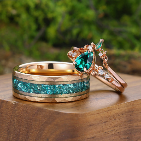 Exquisite Pear Cut Emerald Couple Ring Set Scrollwork Filigreed Rings For Him And Her
