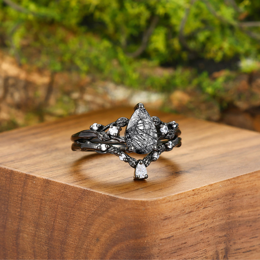 Stylish Black Rutilated Quartz Leaves Engagement Couple Rings Set Unique Tungsten Matching Promise Rings -  Esdomera.com