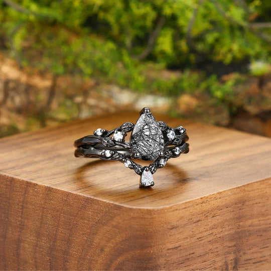 Stylish Black Rutilated Quartz Leaves Engagement Couple Rings Set Unique Tungsten Matching Promise Rings -  Esdomera.com