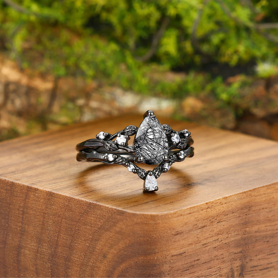 Stylish Black Rutilated Quartz Leaves Engagement Couple Rings Set Unique Tungsten Matching Promise Rings -  Esdomera.com