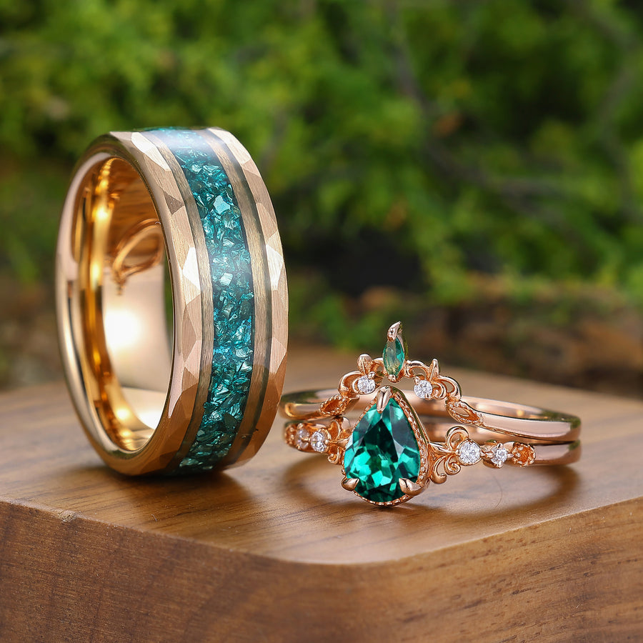 Exquisite Pear Cut Emerald Couple Ring Set Scrollwork Filigreed Rings For Him And Her