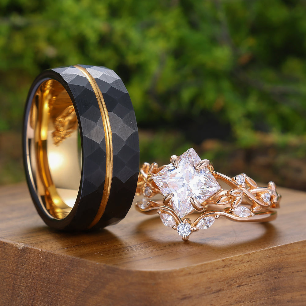 Vintage Princess Cut Moissanite Engagement Leaf Ring Set Matching Black Tungsten Couples Ring