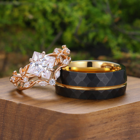 Vintage Princess Cut Moissanite Engagement Leaf Ring Set Matching Black Tungsten Couples Ring
