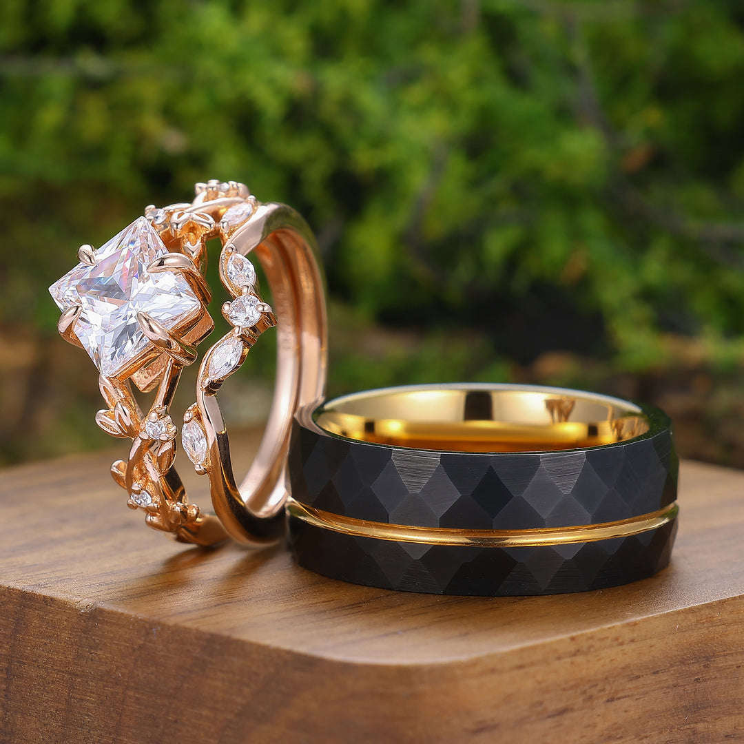 Vintage Princess Cut Moissanite Engagement Leaf Ring Set Matching Black Tungsten Couples Ring