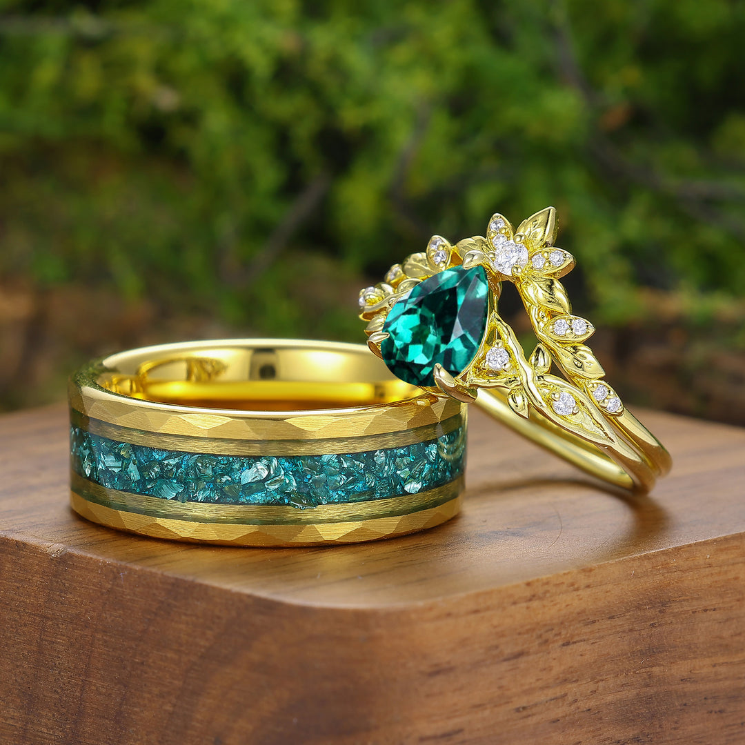 Brilliant Pear Cut Emerald Leaf Design Couple Ring Set Nature Inspired Rings For Men And Women
