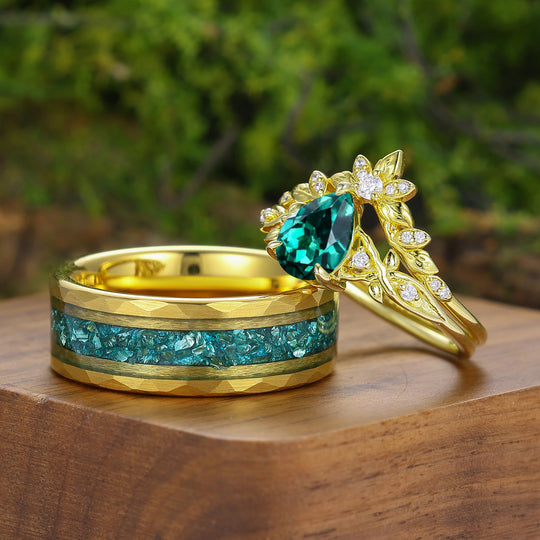Brilliant Pear Cut Emerald Leaf Design Couple Ring Set Nature Inspired Rings For Men And Women
