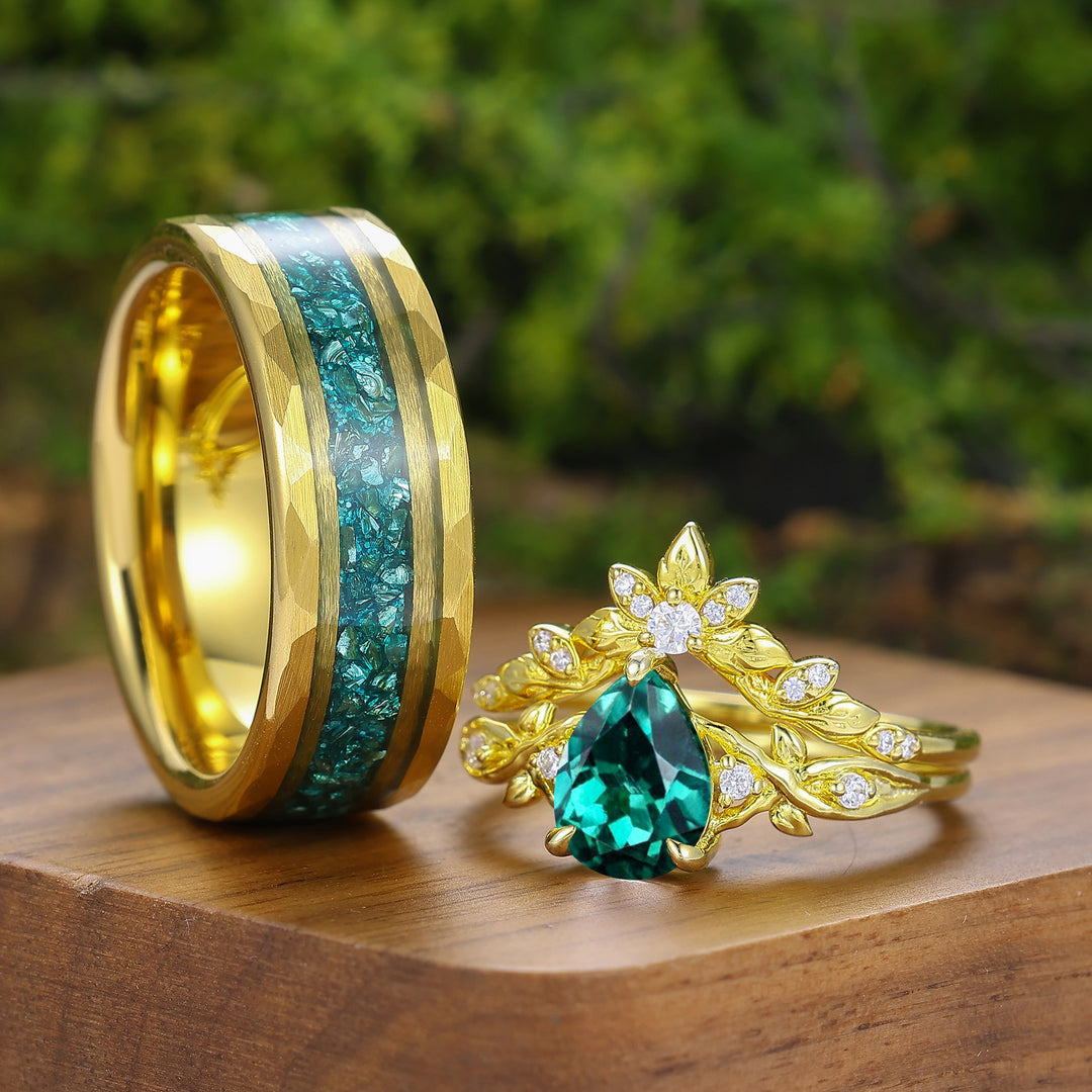 Brilliant Pear Cut Emerald Leaf Design Couple Ring Set Nature Inspired Rings For Men And Women