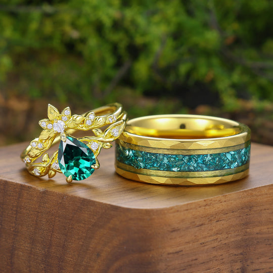 Brilliant Pear Cut Emerald Leaf Design Couple Ring Set Nature Inspired Rings For Men And Women