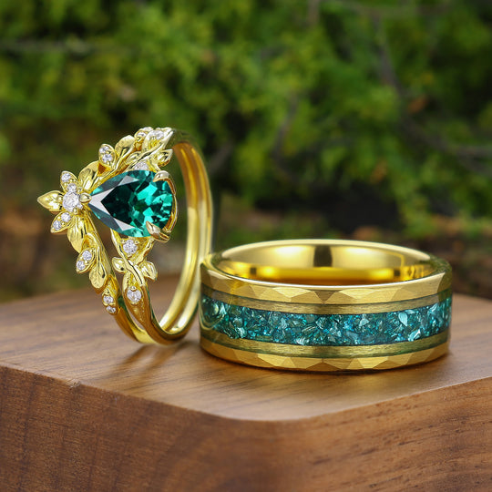 Brilliant Pear Cut Emerald Leaf Design Couple Ring Set Nature Inspired Rings For Men And Women