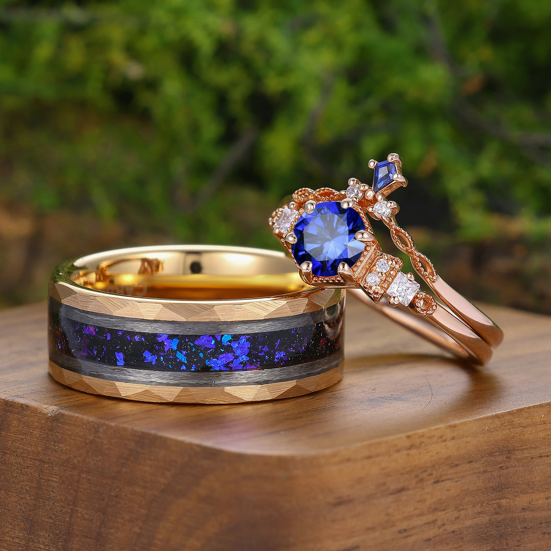 Delicaat ringenset voor koppels met ronde saffier en milgrain, roségoud verguld, bijpassende ringen