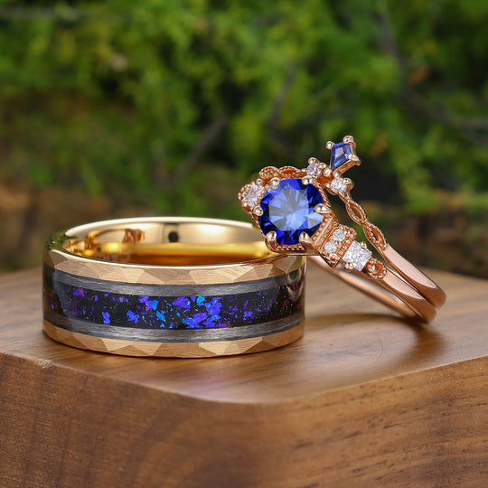 Delicaat ringenset voor koppels met ronde saffier en milgrain, roségoud verguld, bijpassende ringen