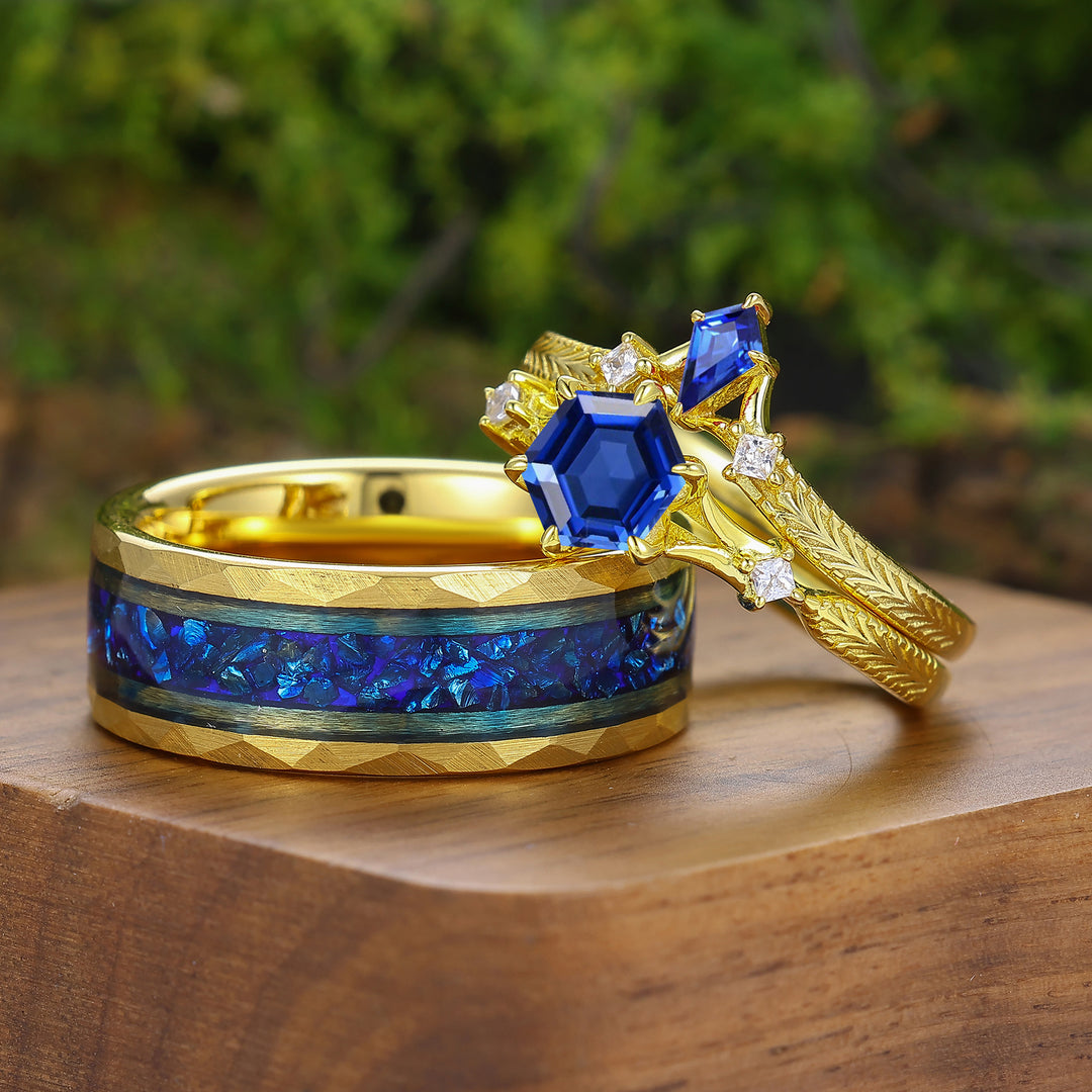Vintage Kite Cut Sapphire Flourish Engraved Couple Rings Gold Plated His And Hers Rings