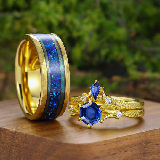 Vintage Kite Cut Sapphire Flourish Engraved Couple Rings Gold Plated His And Hers Rings