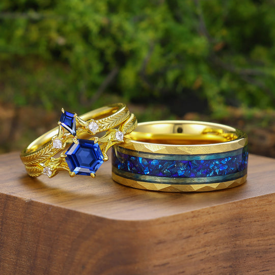 Vintage Kite Cut Sapphire Flourish Engraved Couple Rings Gold Plated His And Hers Rings