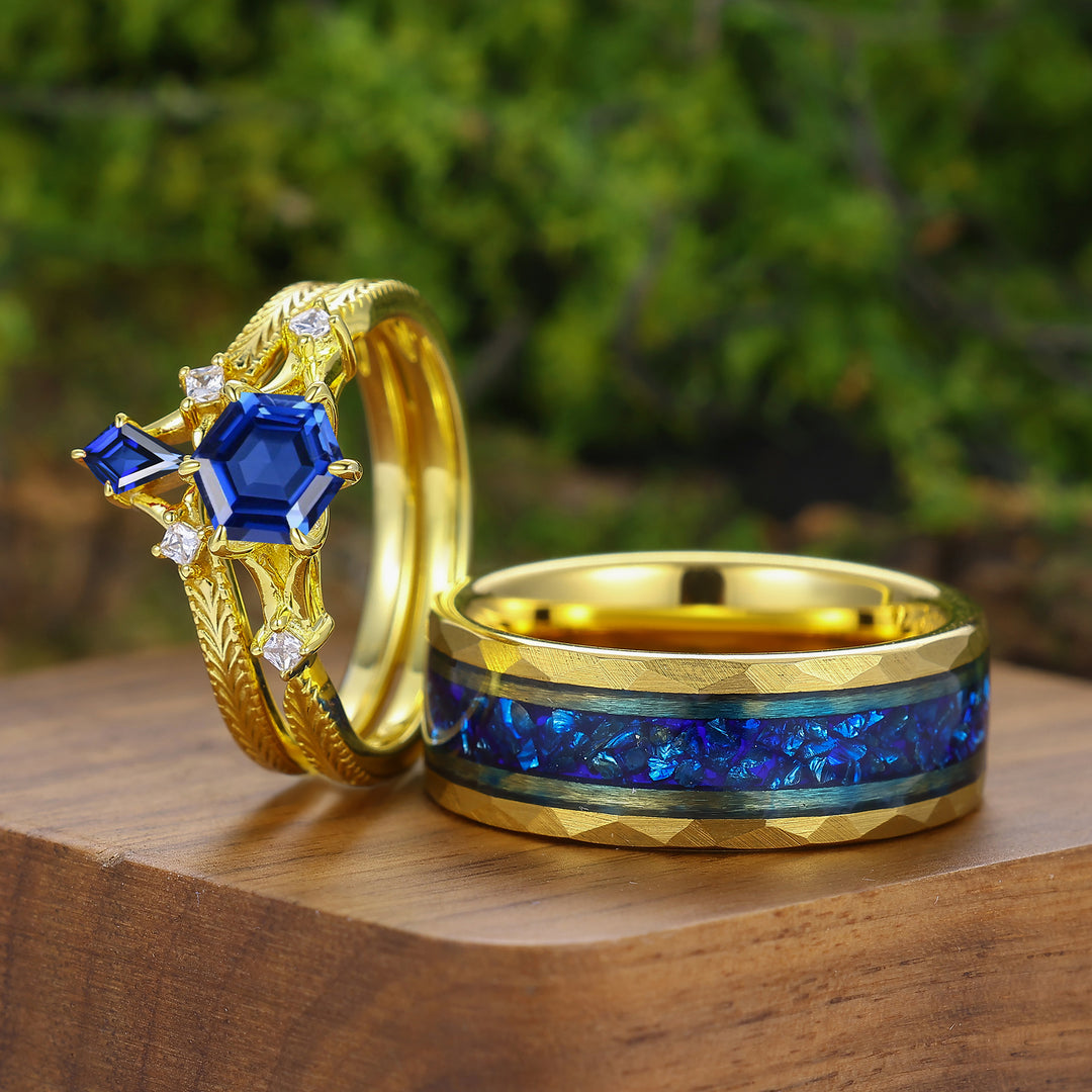Vintage Kite Cut Sapphire Flourish Engraved Couple Rings Gold Plated His And Hers Rings