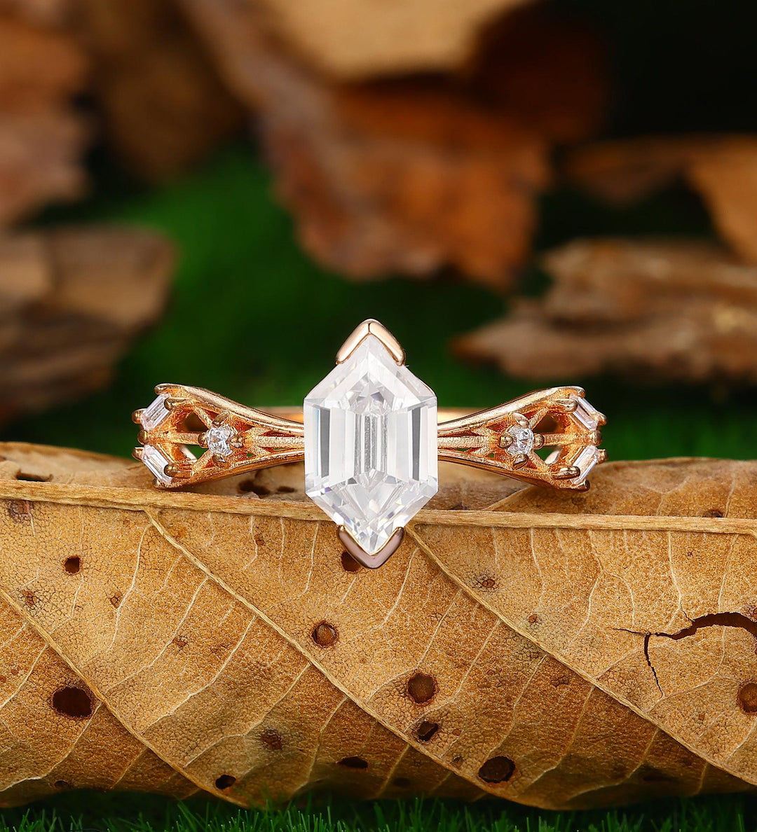 1.8CT Long Hexagon Cut Moissanite Ring Engagement Ring Handmade Bridal Ring